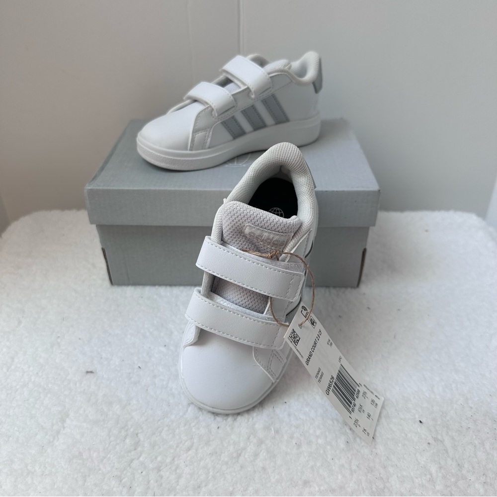 adidas White Kids Sneakers with Gray Stripes